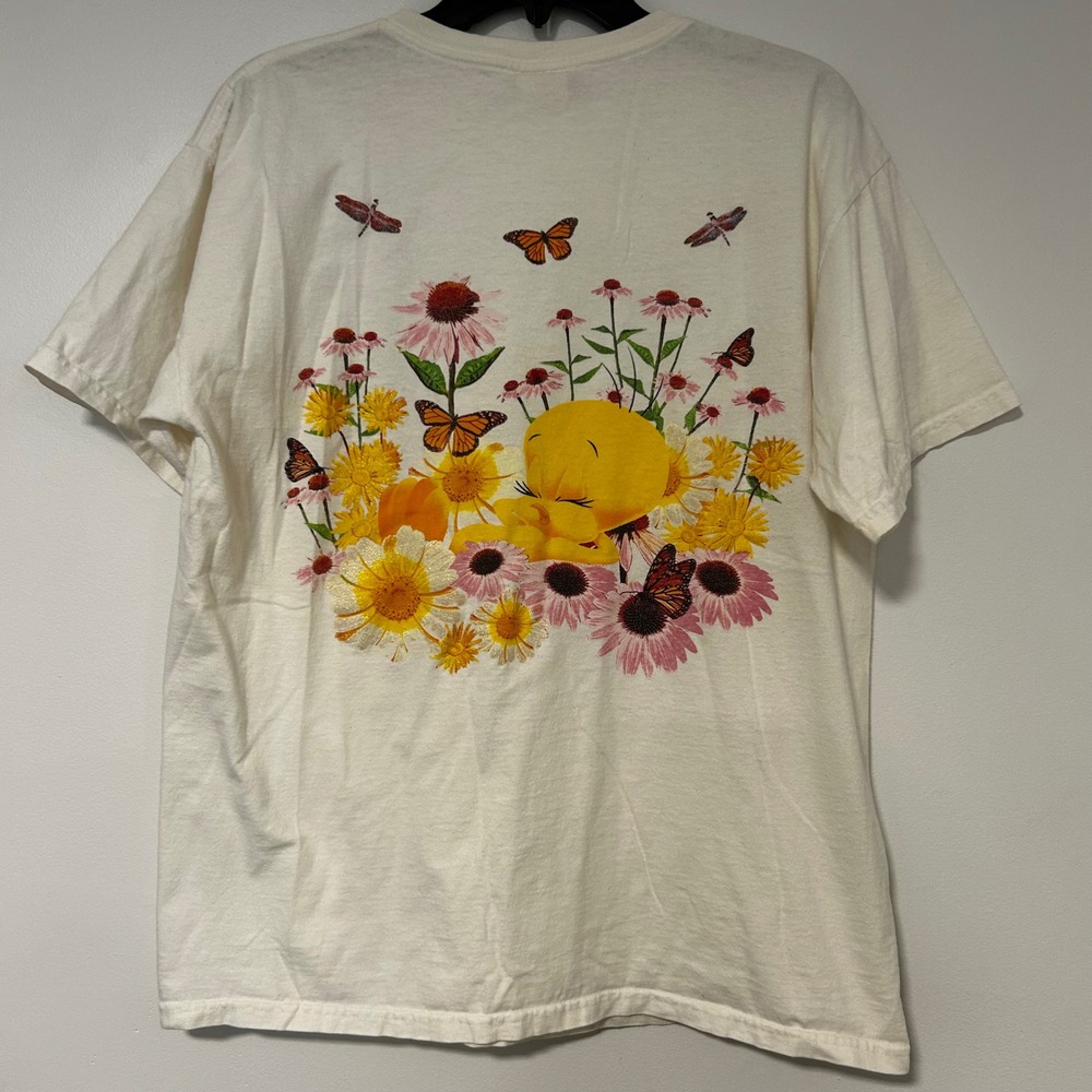 Vintage 1998 Looney Tunes Tweety Bird Silence is Golden Floral T-Shirt Cream L - Picture 7 of 9